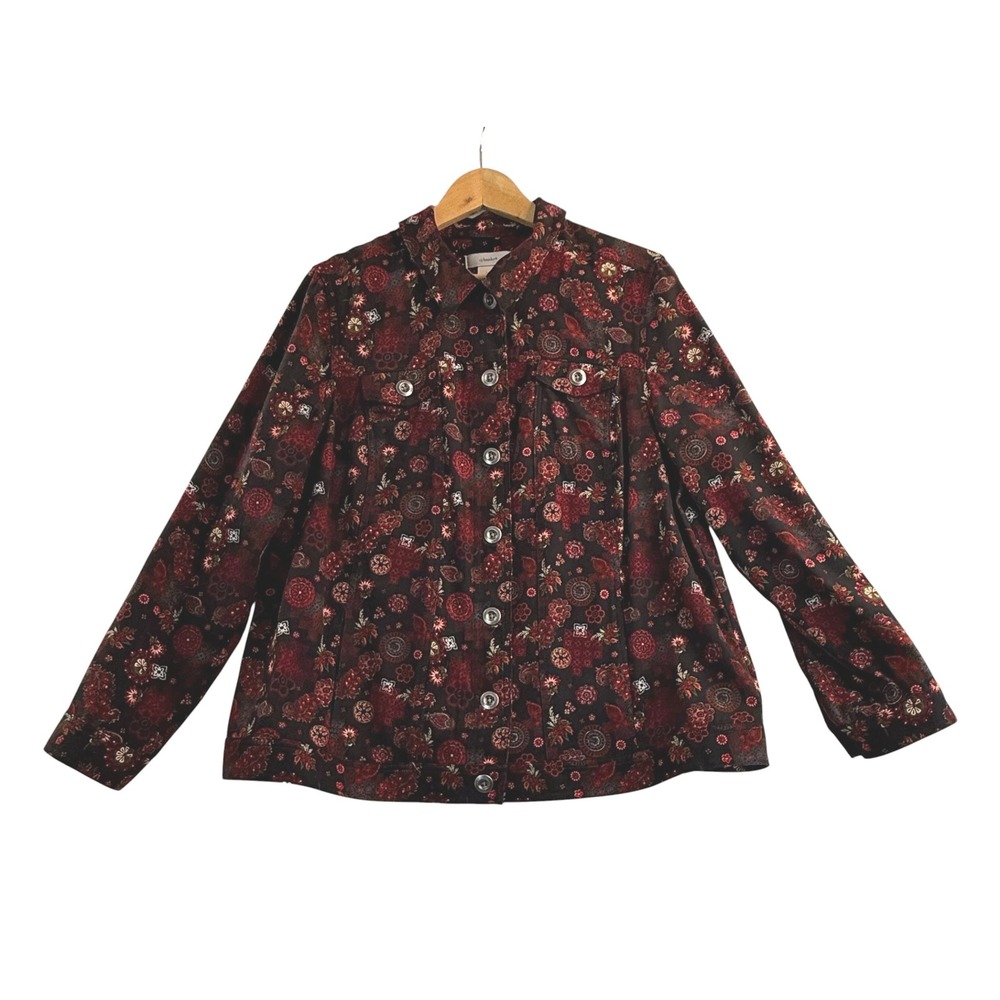 CJ Banks Jacket Size X Black Red Paisley Floral Long Sleeve Button Up LIghweight